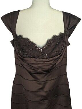 Tadashi Shoji Dark Brown Satin Beaded Bust Bridal Prom Maxi Dress. Size 14
